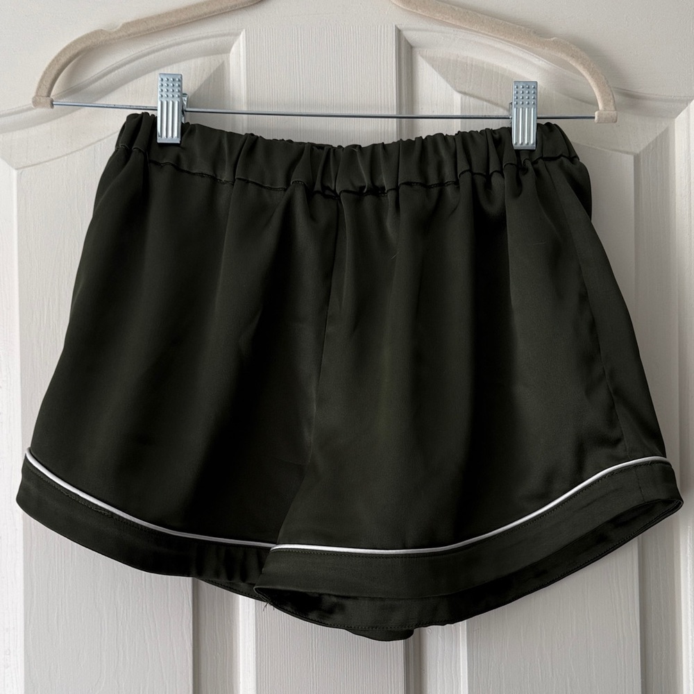 Revelry Olive Green Satin Pajama Shorts with White Trim